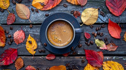 A cozy cup of coffee surrounded by autumn leaves and coffee beans on a rustic wooden table in the fall