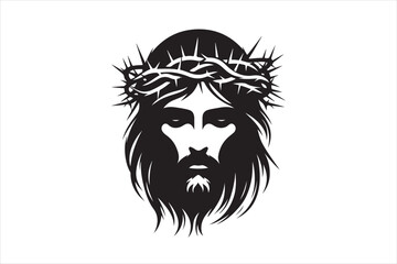Minimalist Black Silhouette of Jesus Christ with Crown of Thorns  Clean Line Art 15.eps