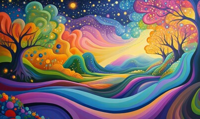 Abstract landscape with trees and stars.