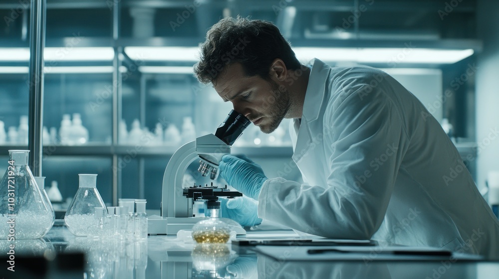 Poster A Scientist Examining a Sample Under a Microscope in a Laboratory