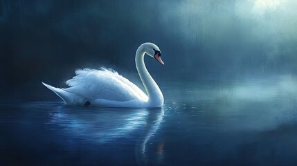 An elegant swan swims in a peaceful lake, its white feathers contrasting beautifully against the deep blue water, representing purity.