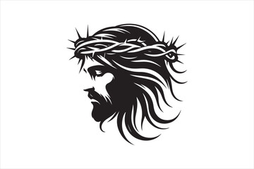 Minimalist Black Silhouette of Jesus Christ with Crown of Thorns  Clean Line Art 25.eps