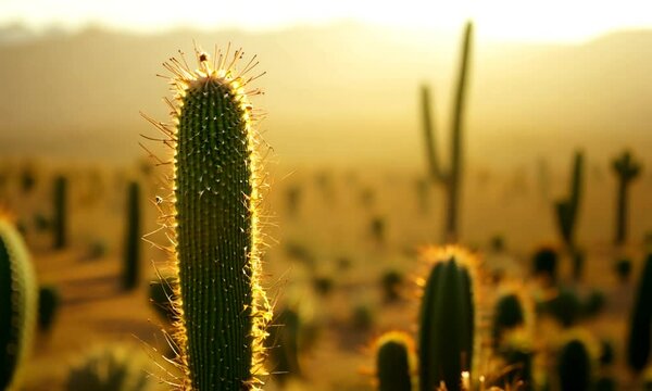Close-up of a cactus in a field of cacti at sunset.