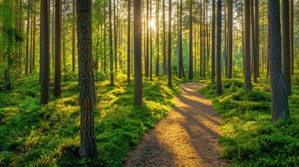 Fototapeta premium Serene forest path illuminated by sunlight, inviting exploration and tranquility.