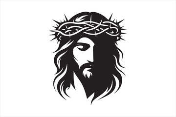 Minimalist Black Silhouette of Jesus Christ with Crown of Thorns  Clean Line Art 30.eps