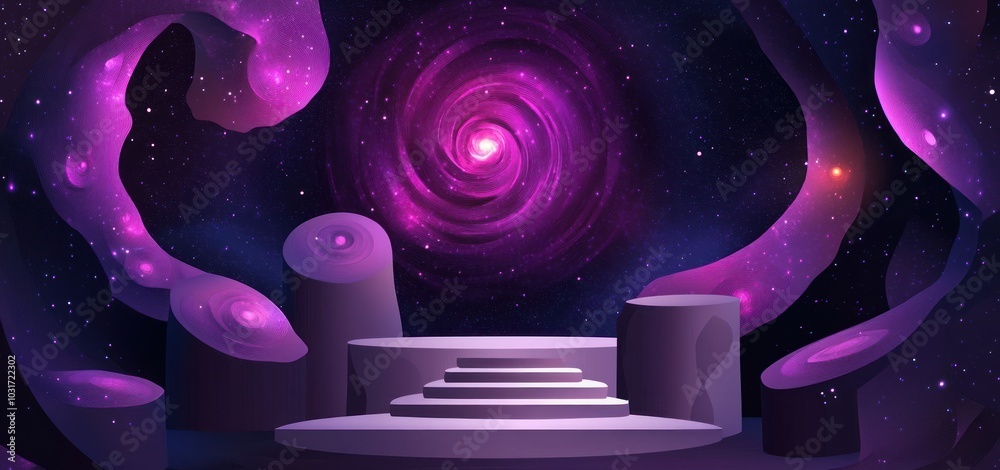 Poster A cosmic scene featuring a spiral galaxy with a mystical staircase in a vibrant space setting.