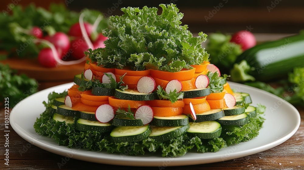 Wall mural colorful vegetable salad arranged in layered design on a plate.