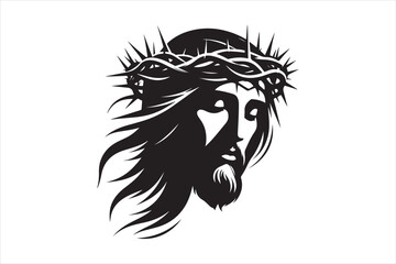 Minimalist Black Silhouette of Jesus Christ with Crown of Thorns  Clean Line Art 31.eps