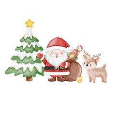 watercolor cute santa claus with christmas tree and gift.