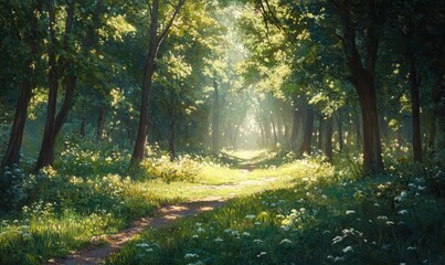 Naklejka premium Sunbeams illuminate a forest path.