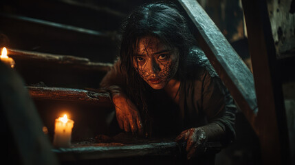 A woman with a scary face is in a dark room with candles