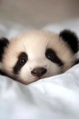 Naklejka premium A close-up of a panda bear on a white bed with its black facial marks