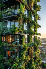 Modern building with vertical gardens and lush greenery in a vibrant urban setting during sunset