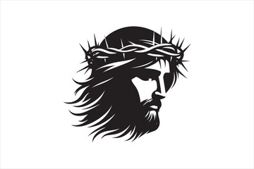 Minimalist Black Silhouette of Jesus Christ with Crown of Thorns  Clean Line Art 41.eps