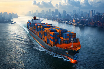 Cargo container Ship, cargo vessel ship carrying container and running for import export concept technology freight shipping sea freight by Express Ship. 