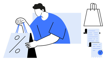 A person holding a discount shopping bag. Accompanied by icons of a shopping bag and receipt. Ideal for shopping, retail, discounts, e-commerce, marketing. Flat modern style