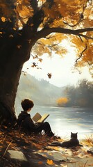 A serene scene of a child reading by a lake, accompanied by a cat amidst autumn foliage.
