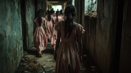 Naklejka premium A woman in a pink dress walks down a hallway