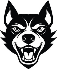 fierce wolf or dog illustration, aggressive hand-drawn snarling canine vector for logo, tattoo, mascot, or wild animal-themed designs, black and white detailed artwork
