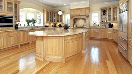 Fototapeta premium Luxurious and Elegant Contemporary Kitchen with Wooden Cabinetry and Granite Countertops