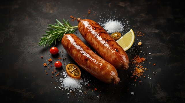 Two grilled sausages on a dark background with spices, rosemary, lemon and cherry tomatoes.
