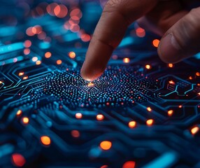 A hand hovering over a vibrant circuit board with glowing lights in a dark setting, illustrating advanced technology and connectivity