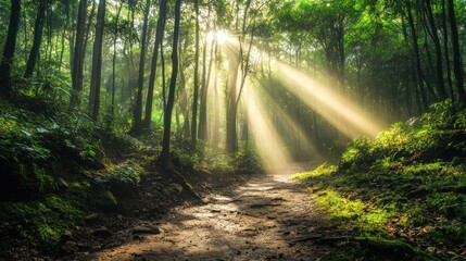 Fototapeta premium Serene forest scene with sunlight filtering through trees, illuminating a tranquil path.