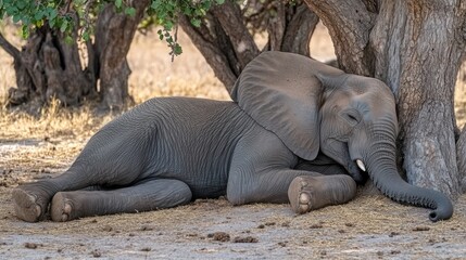 Fototapeta premium A peaceful baby elephant sleeping against a tree in a natural setting.
