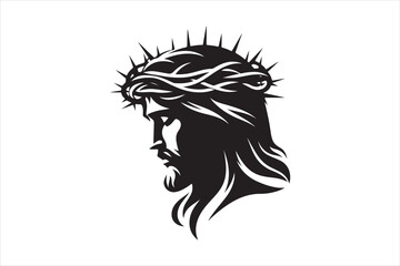 Minimalist Black Silhouette of Jesus Christ with Crown of Thorns  Clean Line Art 60.eps