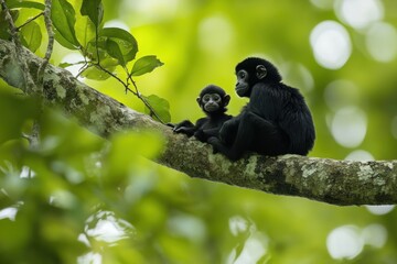 Two monkeys sitting on a tree branch in a lush green environment.