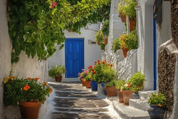Obraz premium A charming alleyway with white walls, colorful flowers, and a vibrant blue door.