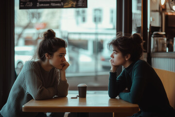 Two friends having a tense discussion at a café, showing disappointment and conflict.Two women are at a restaurant table, talking to each other