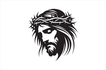 Minimalist Black Silhouette of Jesus Christ with Crown of Thorns  Clean Line Art 62.eps