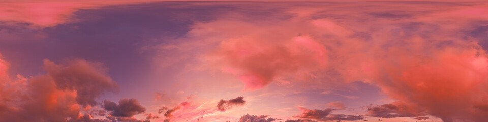 Seamless 360 HDR spherical panorama of sunset sky with vibrant pink Cumulus clouds. Full zenith or sky dome in 3D, sky replacement for aerial drone panoramas. Climate and weather change.