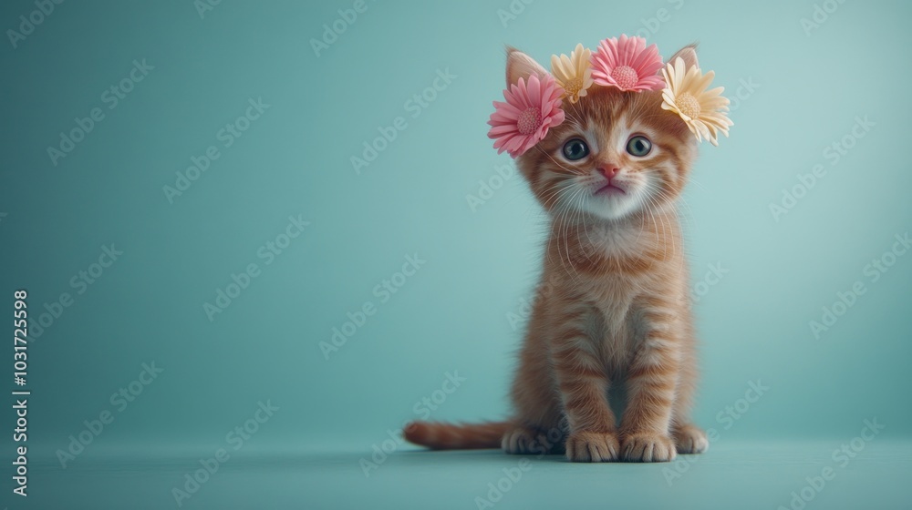 Poster A cute orange kitten wearing a flower crown against a soft blue background.