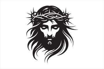 Minimalist Black Silhouette of Jesus Christ with Crown of Thorns  Clean Line Art 67.eps