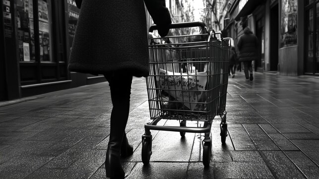 A bleak image of a woman pushing a shopping cart depicting the dark side of Black Friday that is an institution of unsustainable consumerism, industrialism, materialism, capitalism