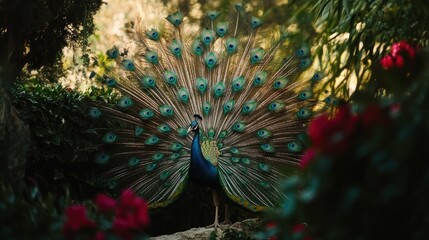 Obraz premium A vibrant peacock displays its colorful feathers amidst lush greenery and blooming flowers.
