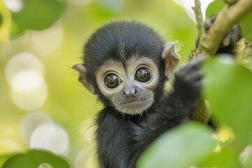 Obraz premium A close-up of a young monkey perched on a branch, surrounded by green foliage.