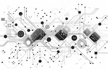 Obraz premium Abstract circuit board design with interconnected lines and geometric shapes created in black and white style showcasing technology concepts