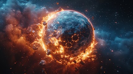Obraz premium A dynamic scene depicts a burning planet engulfed in flames with floating asteroids set against a vivid cosmic background filled with stars and colorful gases