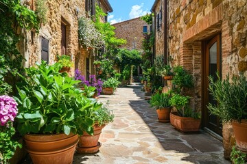 A charming stone pathway lined with vibrant plants and flowers in a quaint village setting.