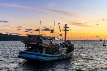 Sunset in the floating fishing village. An Thoi Port, Tropical Phu Quoc Island, Vietnam © sergeymugashev