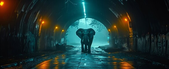 A lone elephant makes its way through a dark tunnel, with mist surrounding it and colorful lights reflecting off the wet ground, creating a captivating atmosphere