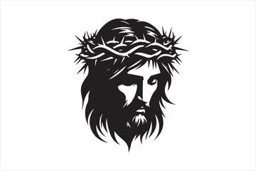 Minimalist Black Silhouette of Jesus Christ with Crown of Thorns  Clean Line Art 78.eps