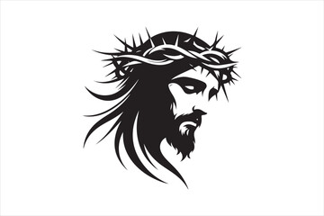Minimalist Black Silhouette of Jesus Christ with Crown of Thorns  Clean Line Art 80.eps