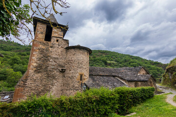 Brousse, France. 05-29-2024. Old stone church at Brousse le Chateau. Aveyron. Occitanie. France.