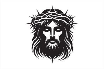 Minimalist Black Silhouette of Jesus Christ with Crown of Thorns  Clean Line Art 84.eps