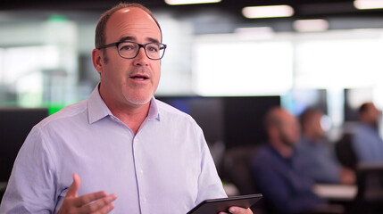 Businessman giving presentation with digital tablet in modern office, professional leader discussing strategy and innovation, corporate communication and leadership for team success and productivity