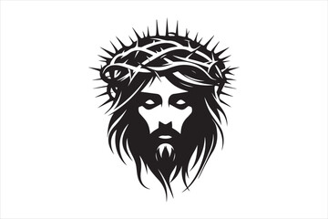 Minimalist Black Silhouette of Jesus Christ with Crown of Thorns  Clean Line Art 85.eps